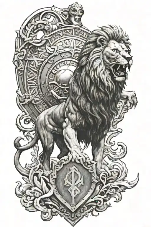 Powerful Lion And Gladiator With A Shield Below