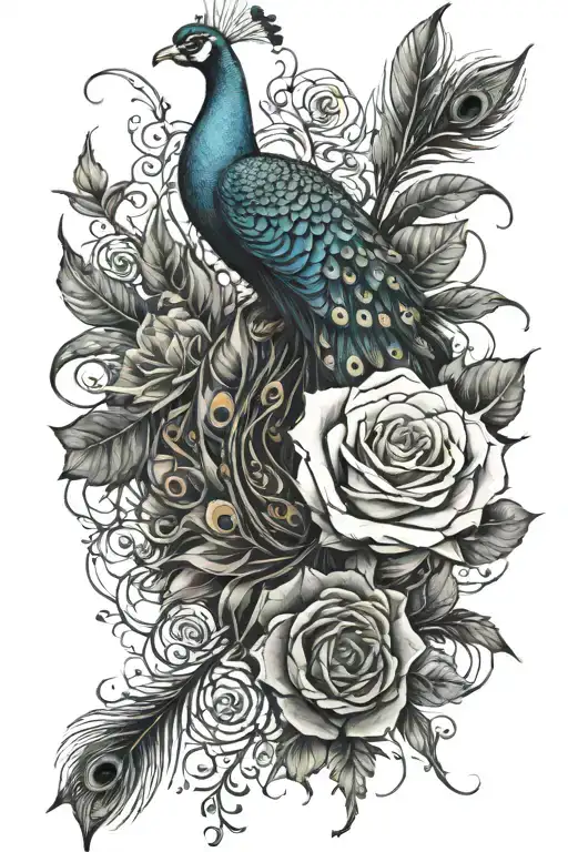 Thorns Wrapping Around Roses Wrapping Around Peacock Feathers For The Forearm