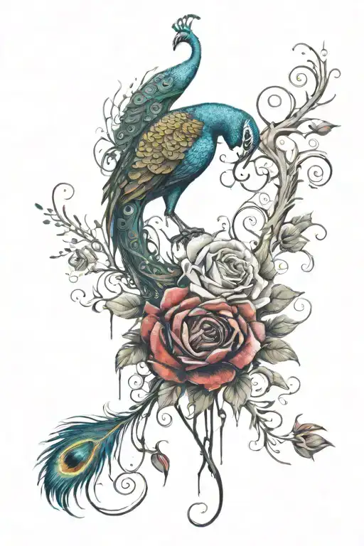 Swirl Of Blood Dripping From Thorns Growing Roses Intertwined With A Peacock And Feathers
