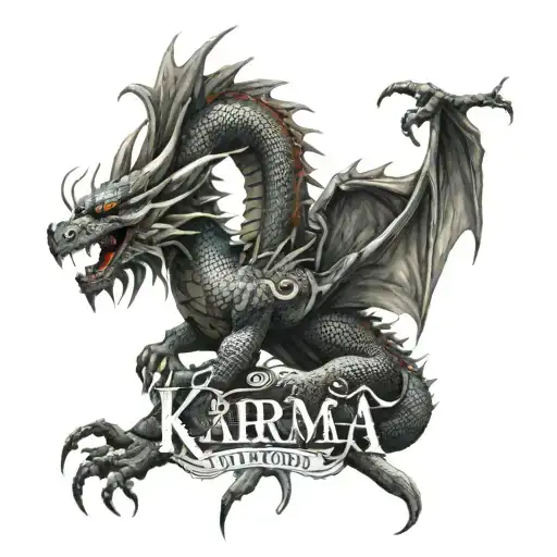 Full Back Dragon Tattoo Surrounded With The Word Karma And The Phrase What Goes Around Comes Around