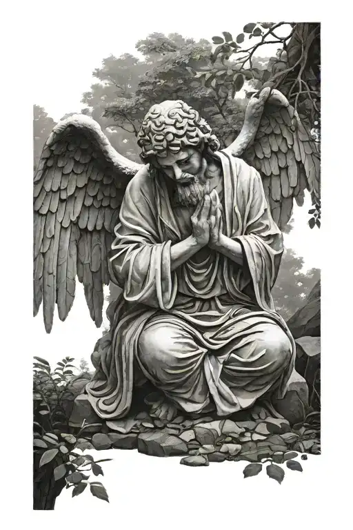 Lost Stone Angel Statue Praying Hands In A Forest