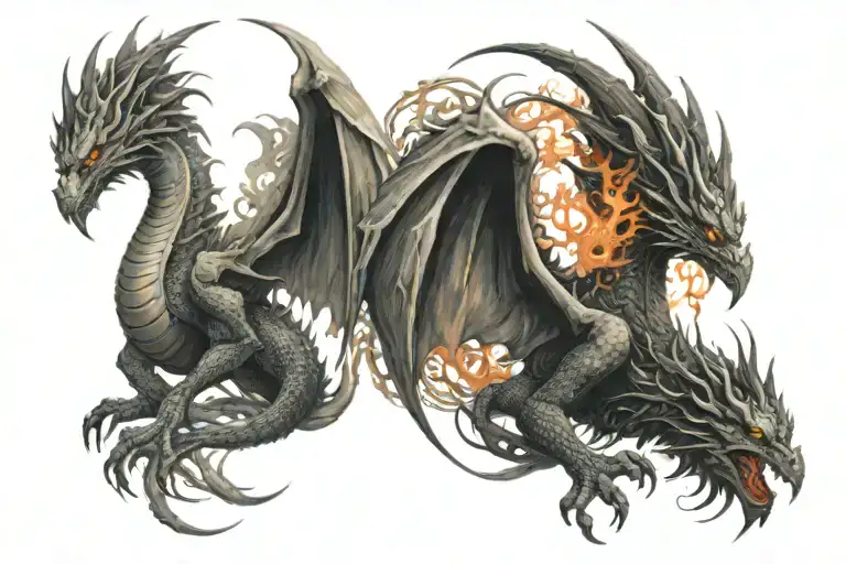 Dragon And Phoenix With Fire Ball In The Middle It Is Surrounded