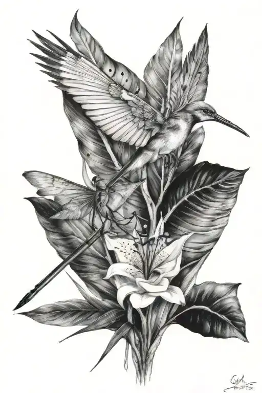 Bird Of Paradise With Dragonfly Perched