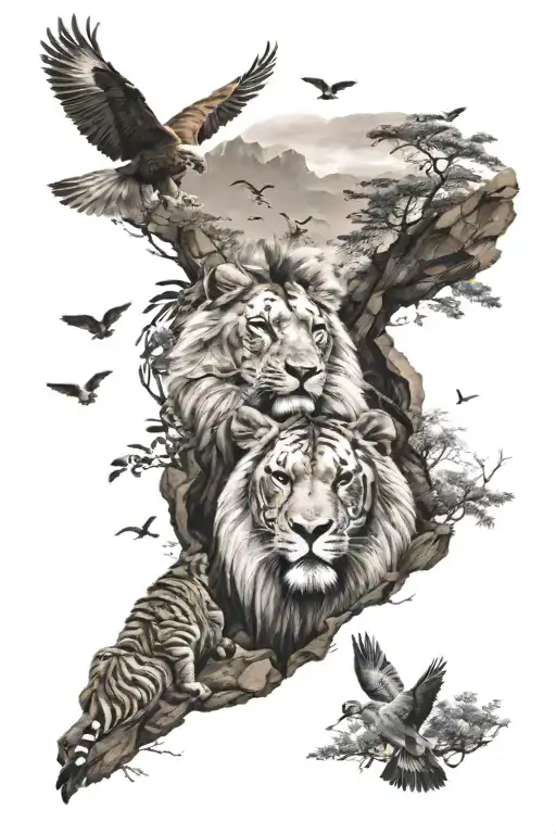 Lions And Tiger Facing Each Other In A Forest On A Cliff With Birds Flying In The Sky