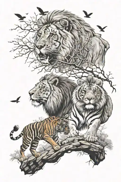 Lions And Tiger Facing Each Other In A Forest On A Cliff With Birds Flying In The Sky