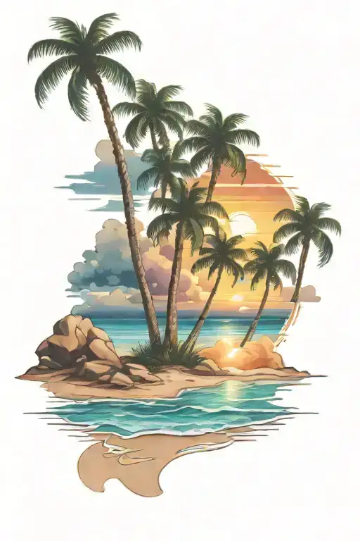 Beach Shore With Palm Trees Colors Sunset