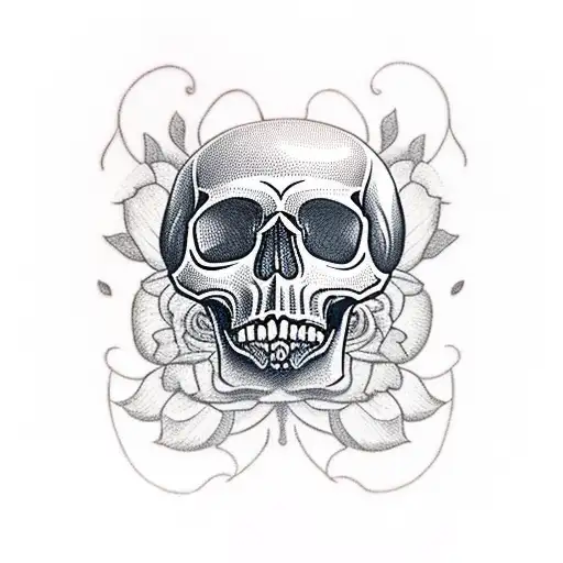 Skull With Several Dahlias And Peonies