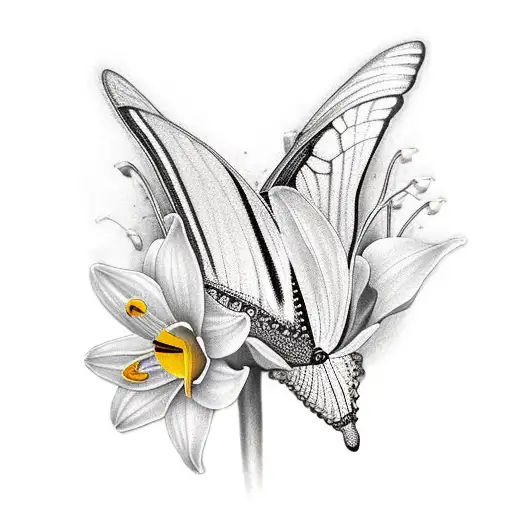 Papilio Palinurus With Lily Of The Valley Flower And Daffodils