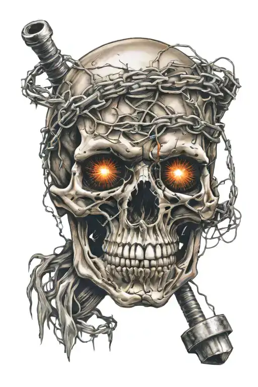 Skull With Barbed Wire In Eyes And Fire Rising