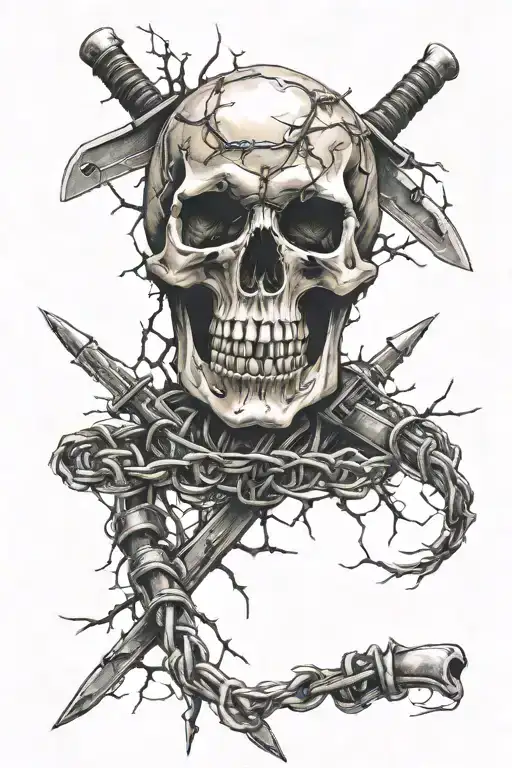 Skull With Blades Axes And Barbed Wire Wrapped
