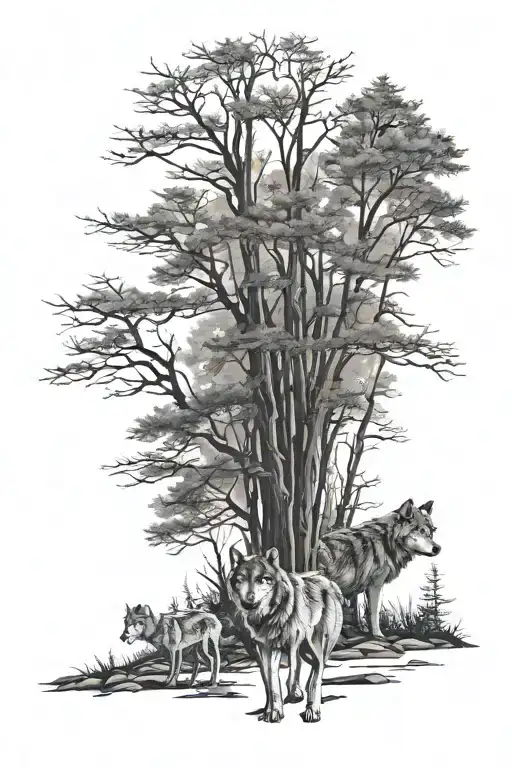 A Wolf Walking Away From His Two Children In A Forest