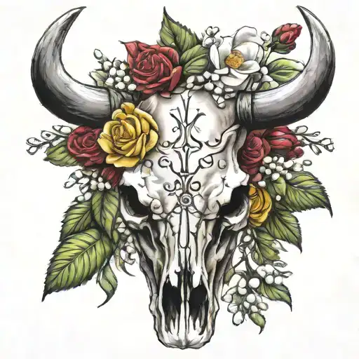 Bull Skull With Yellow Red Roses Hawthorn And Lily Of The Valley