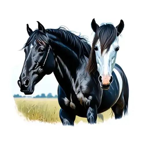 Moustrous Black Horse Following Another White Horse In A Llanero Field With Little Light