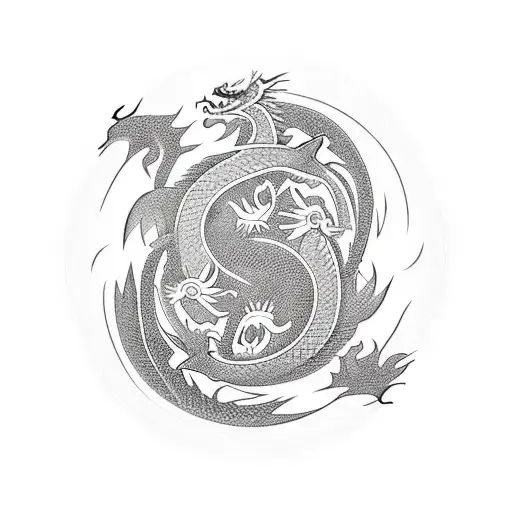 Dragon Fighting With A Minotour In Front Of A Castle With The Yin And Yang Simblo At The Background