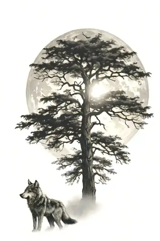A Wolf Under A Tall Tree Under The Moonlight At Night