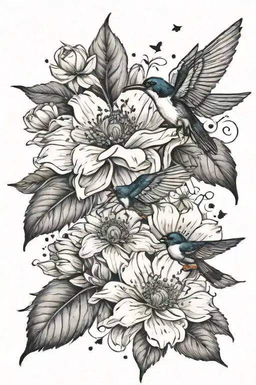 Anemone And Magnolia Flowers With Leaves And Two Swallows And Stars Scattered And A Bee