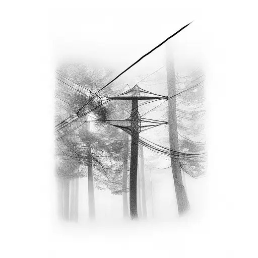 A Blackwork Tattoo Of Power Lines In A Foggy Forest
