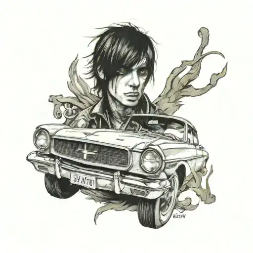 A Realistic Portrait Of A Famous Emo Musician With A Classic Car In The Background