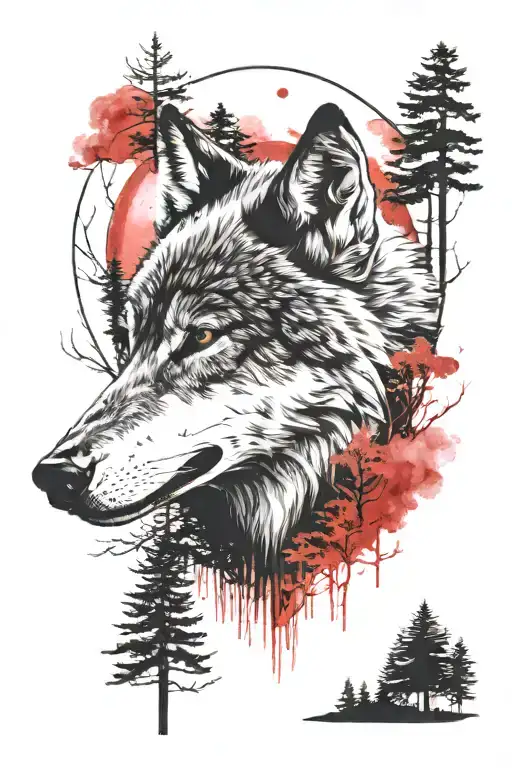 Wolf In Forest With Blood Moon And Surrounded By Red Fog