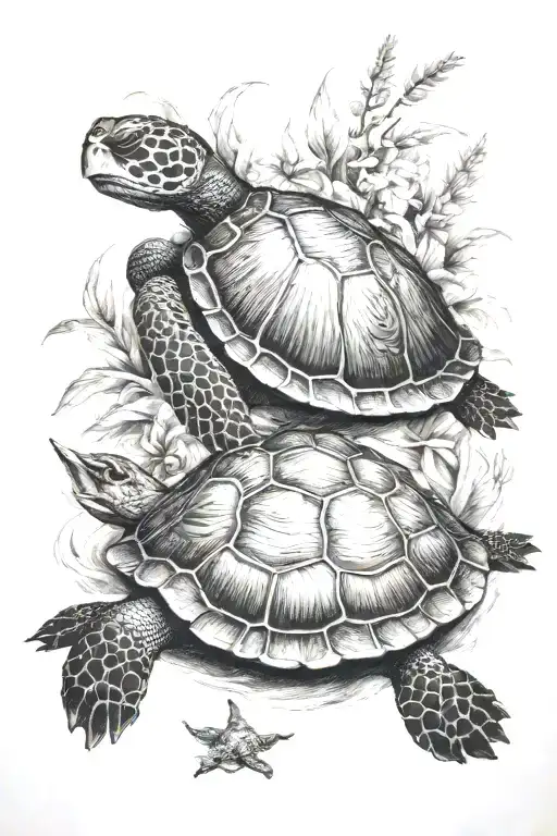 Turtle With Land For A Shell And Sea Life Under