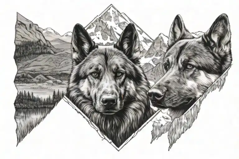 An Half Bear Face And An Half German Shepperd Face With Mountains Inside