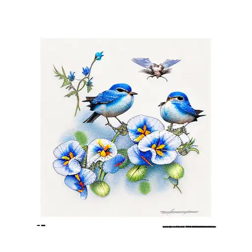 Blue Bird Primroses Morning Glories Sweet Peas