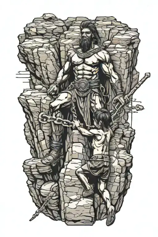 Front View Of Warrior Holding A Chain Pulling A Child Up From A Cliff