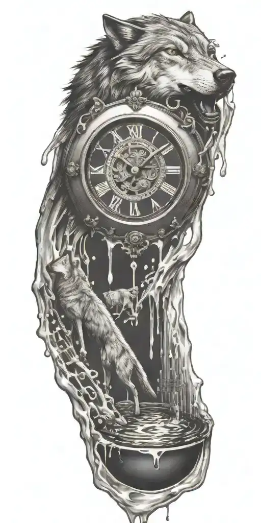 A Clock Melting Into A Puddle Of Music Notes With A Wolf Silhouette Howling In The Background