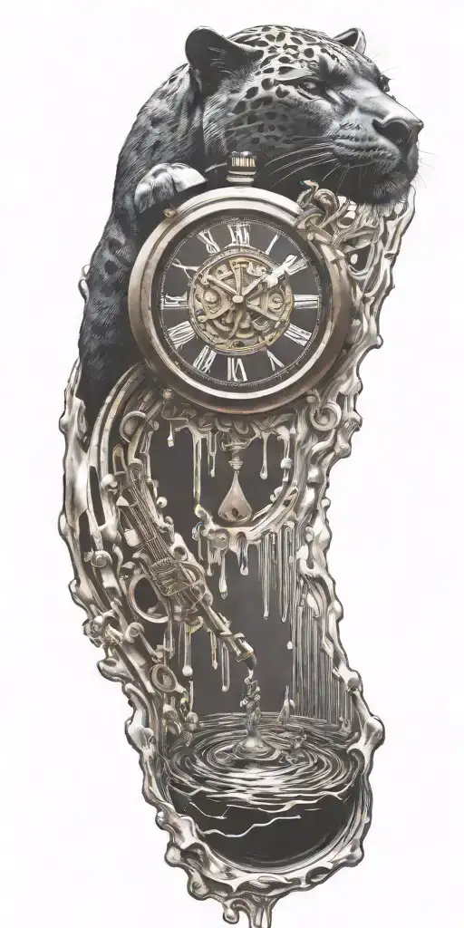 A Clock Melting Into A Puddle Of Music Notes With A Panther Silhouette In The Background