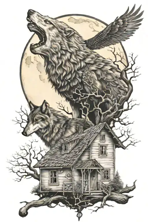 Wolf With Moon And House And An Owl Perched