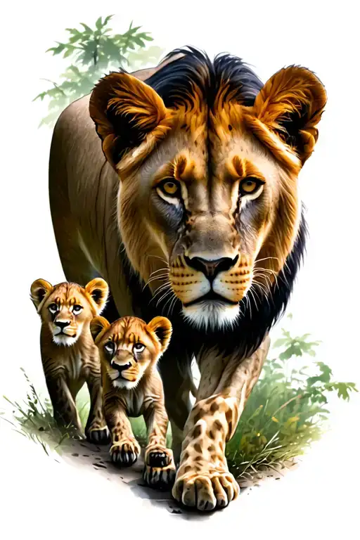 Lioness Walking In Forest With 3 Cubs
