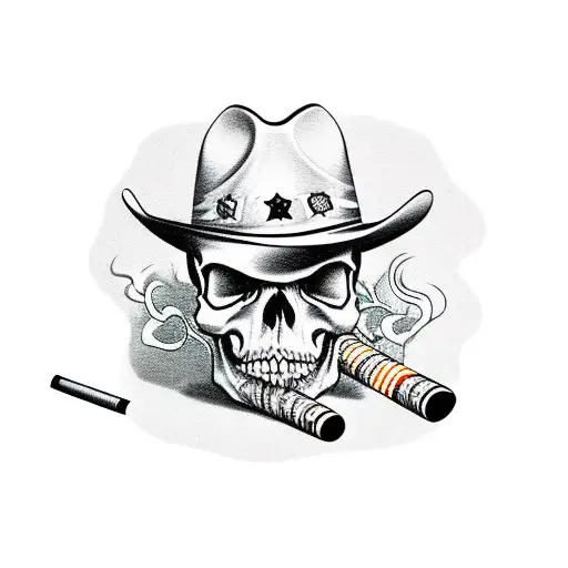 Rebel Cowboy Skull Smoking Cigarette With Cops Behind