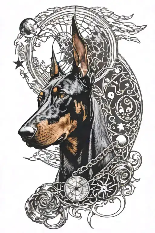 Doberman With Scales On Which The Moon And The Sun Are Balanced