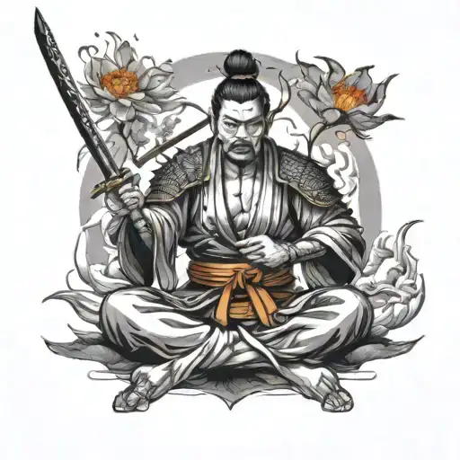 Samurai With Two Swords In His Hands Sits In The Lotus Position With Fiery Eyes