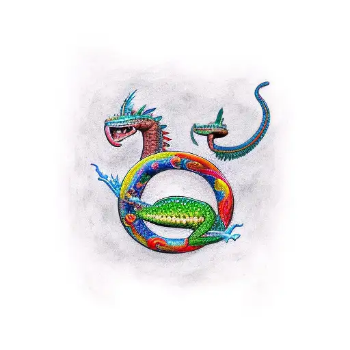 Quetzalcoatl Wrapping An Axolotl And A Xoloitzcuintle Dog With A Mexican Background