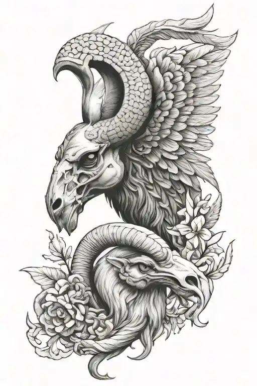 A Mixture Of Griffin With Fenix With Traits Of The Ram Such As Horns With Desert Cow Skull As Head
