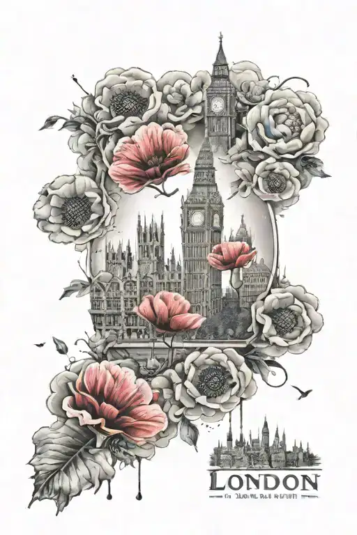 Bombing Of London With Poppy Field With No Color Except One Poppy Is Red