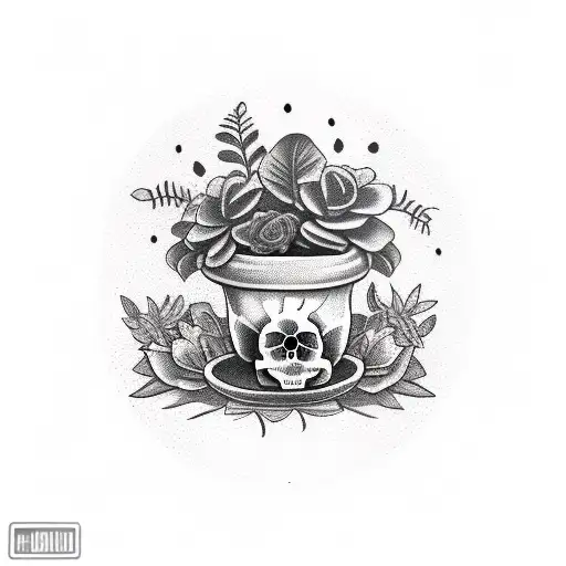Skull In Pot With Plants Growing Out The Top