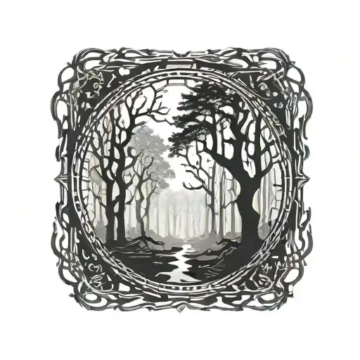 A Programming Code Snippet Forming The Silhouette Of A Forest With Eldritch Symbols