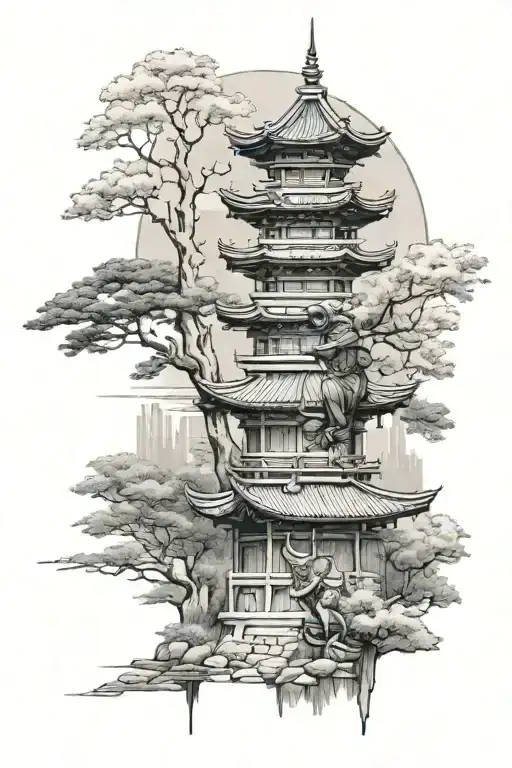 Samurai With Pagoda And Trees Background