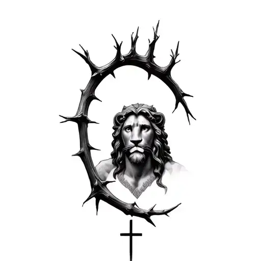 Jesus Thorn Crown With Cross And Lion