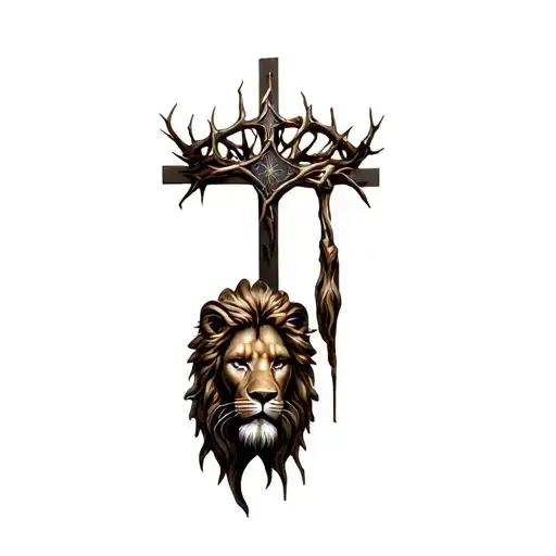 Jesus Thorn Crown With Cross And Lion Portrait