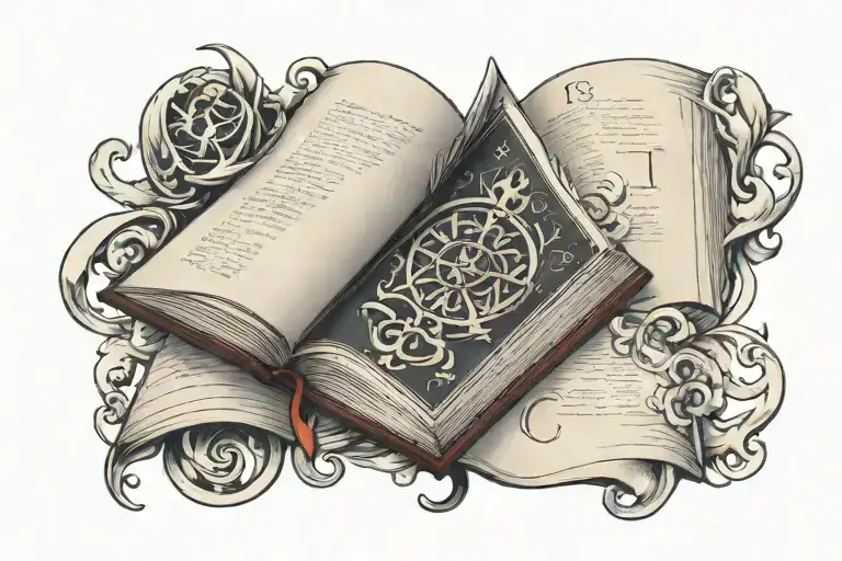 A Traditional Style Tattoo Of An Open Book With Ancient Symbols Of Wisdom Flowing Out Of Its Pages