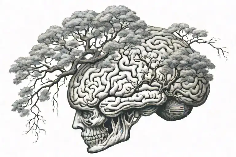 A Surreal Scene Of A Floating Brain Meditating Under A Tree Of Wisdom