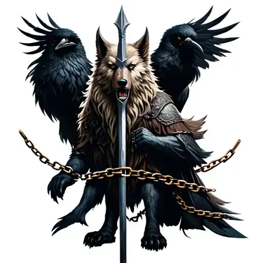 Fenrir Chained Against Odin With His Spear And Crows