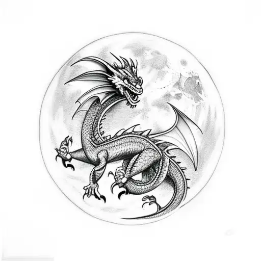 Dragon With Fire Around And A Full Moon Above