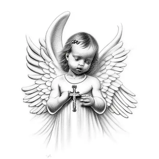 Hand Holding A Rosary With A Baby Angel Above It