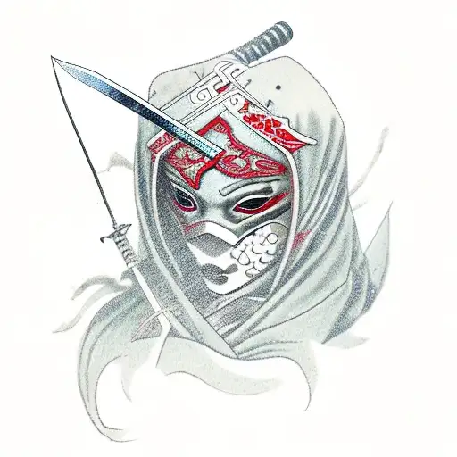 Female Japanese Ninja With Red Scary Mask And Two Swords