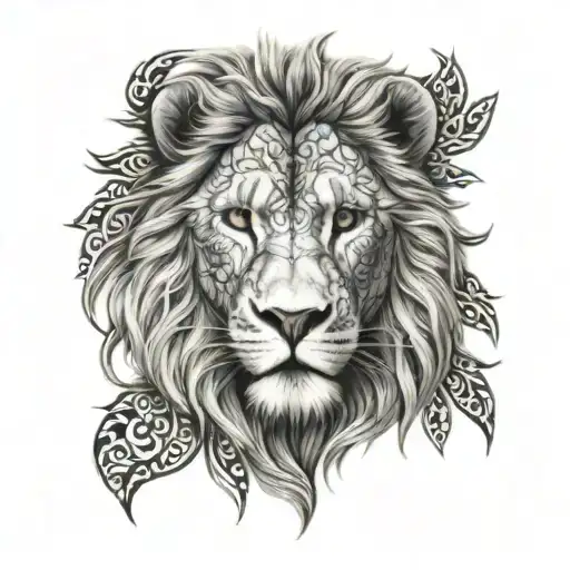 A Realistic Portrait Of A Lion With A Mane Made Up Of Intricate Patterns And Symbols Of Courage