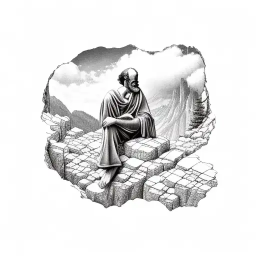 Socrates Pondering While Sitting On A Mountain Overlooking A Valley